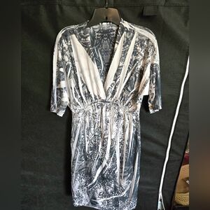 V-Neck Abstract Print Beach Dress in White and Charcoal With Rinestone Sparkles.